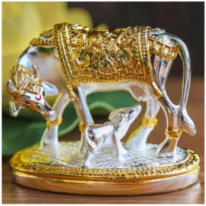 24K Gold Plated Vastu Kamdhenu with Calf Idol