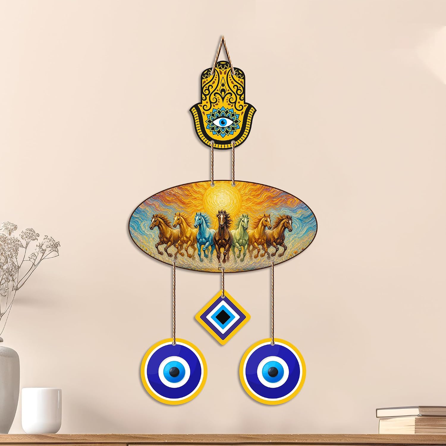 Seven Running Horses Wooden Evil Eye Wall Hanging