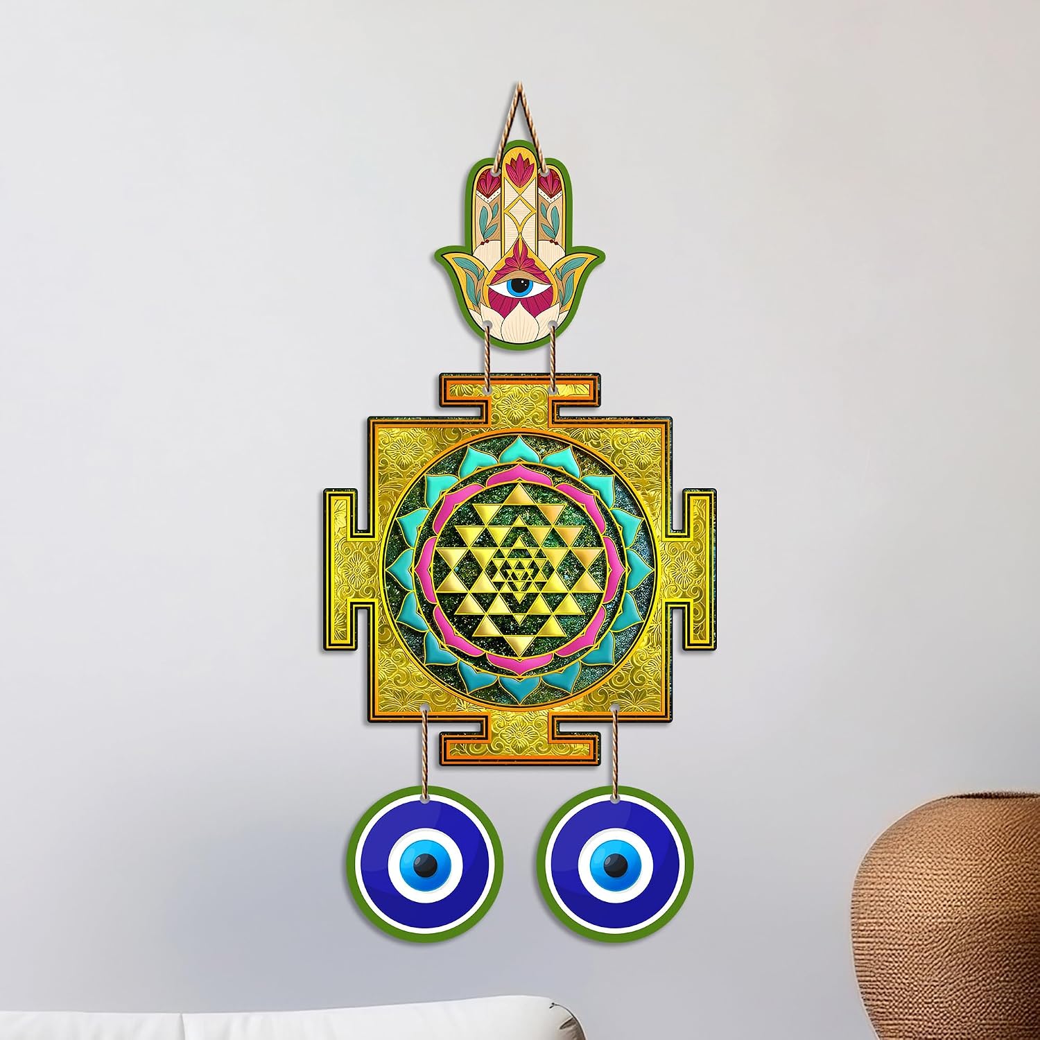 Shri Yantra Wooden Evil Eye Wall Hanging